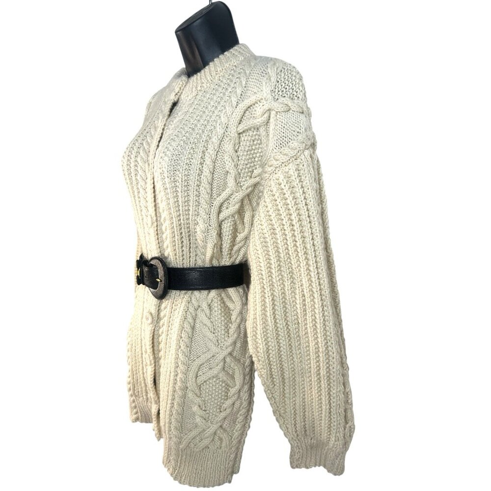 vtg‎ hand knit in Irland fishermans merino wool cardigan ivory womens sz L - Picture 3 of 6
